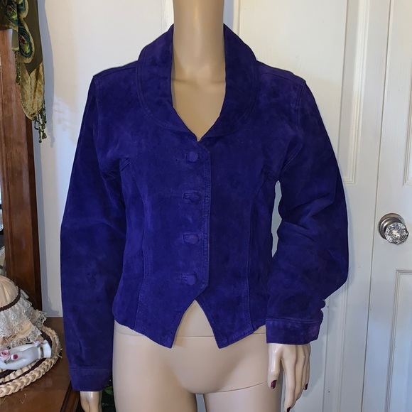 New Wave retro Vintage 80s purple genuine suede leather jacket size S M - Picture 8 of 13
